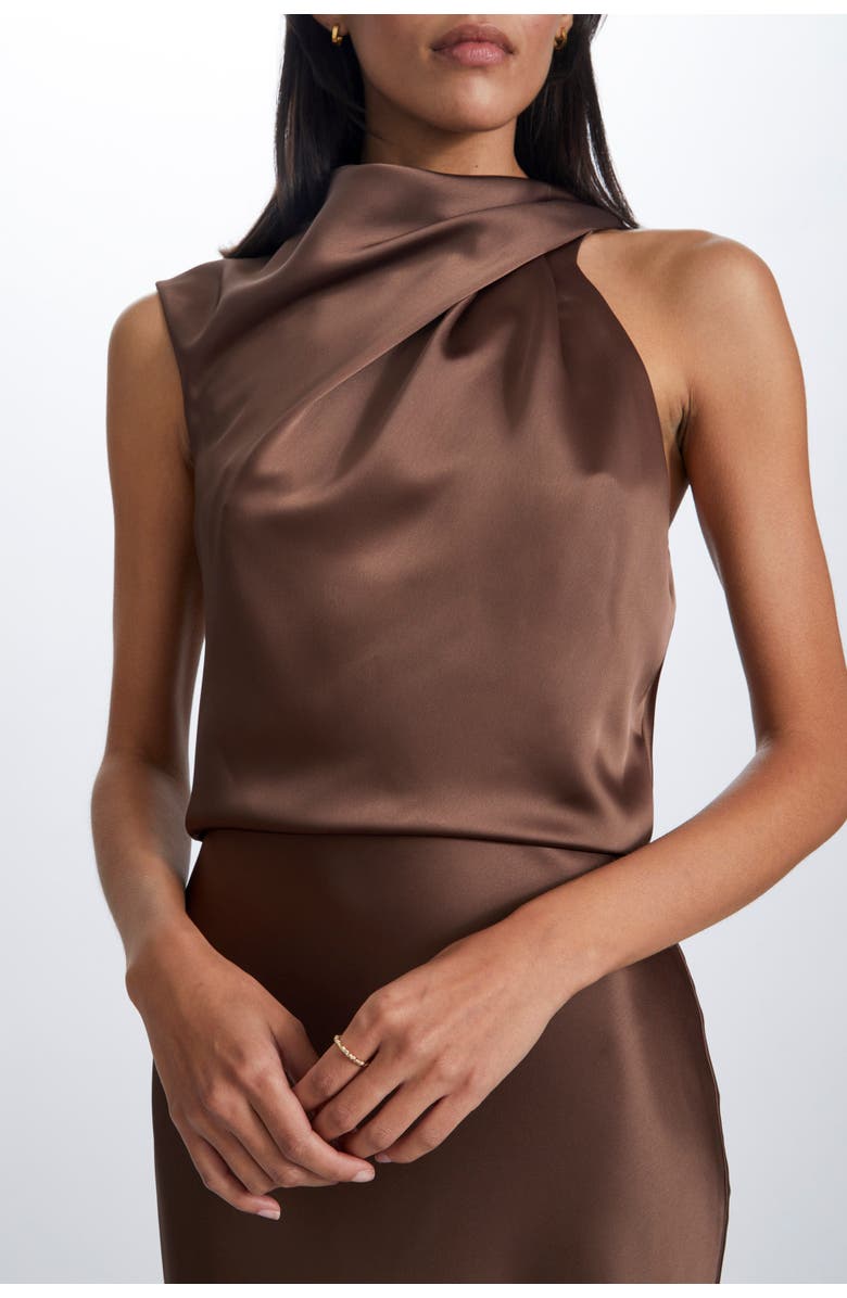 Amsale Fluid Satin Draped Neck Dress, Alternate, color, Truffle