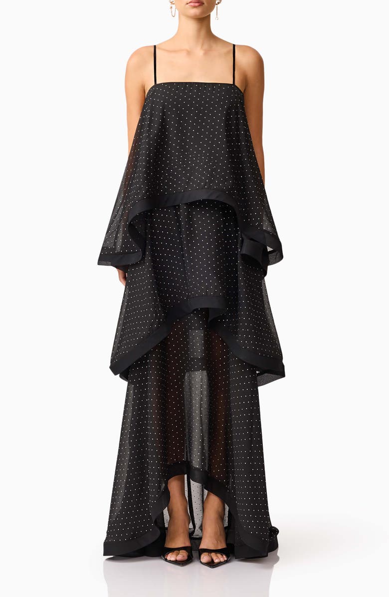 Elliatt Diamante Tiered High-Low Georgette Gown, Main, color, Black
