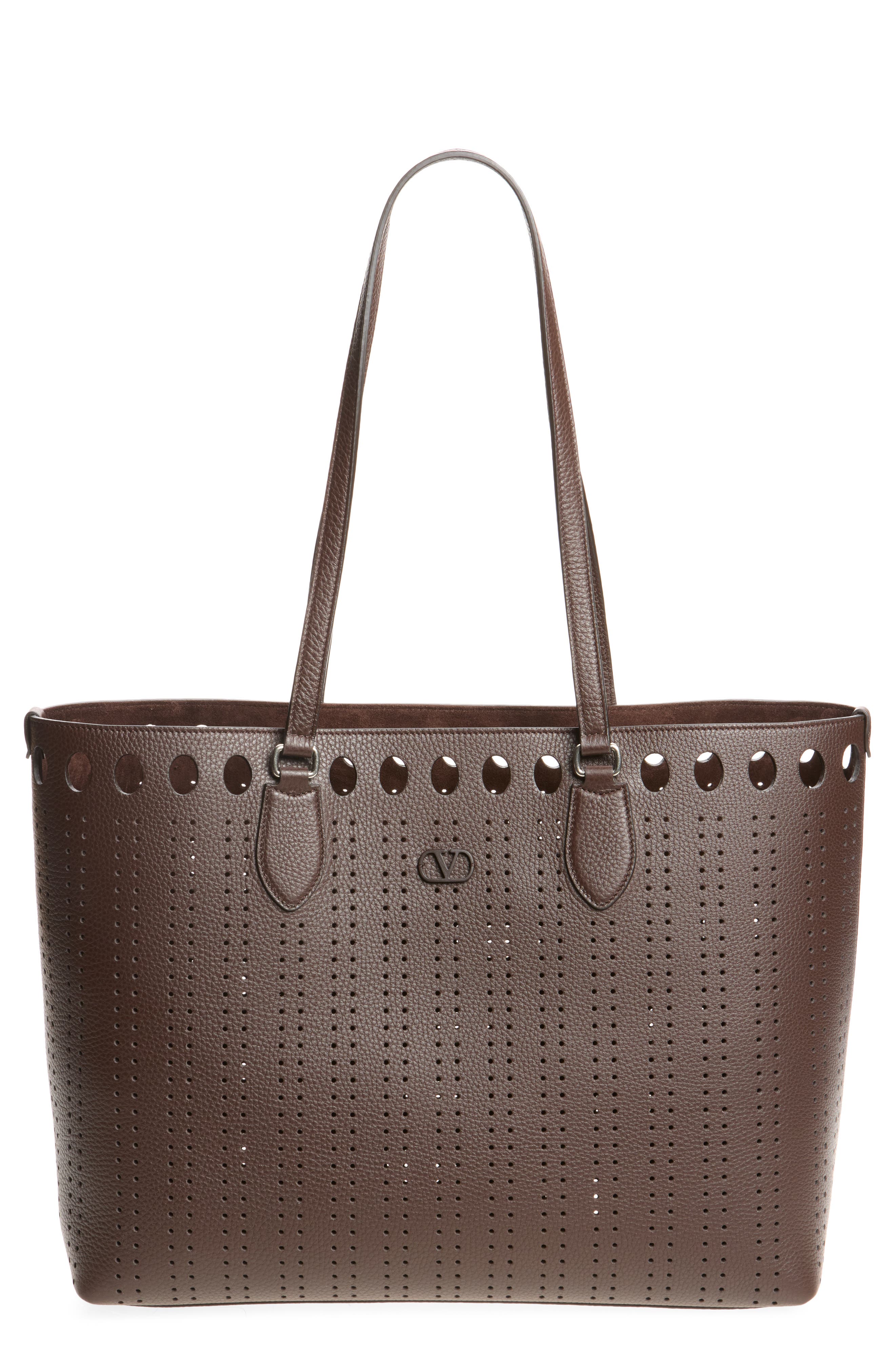 Large Dottie Perforated Tote, Main, color, DARK BROWN