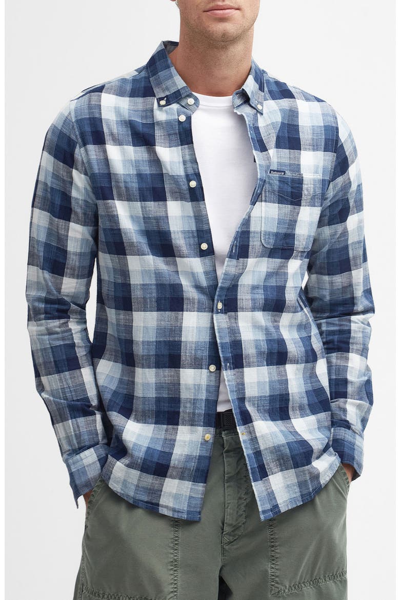Hillroad Tailored Fit Buffalo Check Slub Cotton Button-Down Shirt, Main, color, NAVY