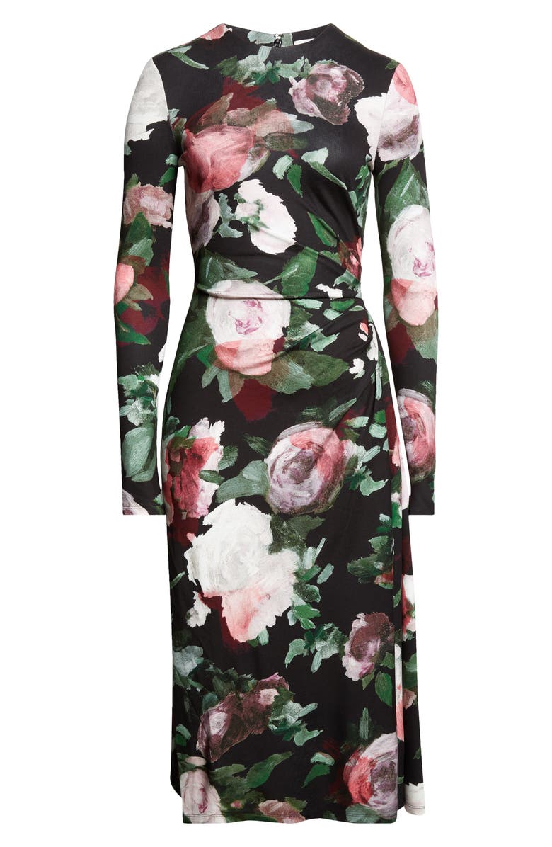 Erdem Painted Rose Draped Long Sleeve Jersey Midi Dress, Alternate, color, Painted Rose Black