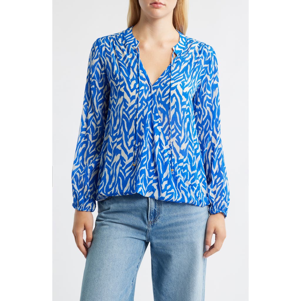 Apny Print Tassel Surplice Chiffon Top In Blue