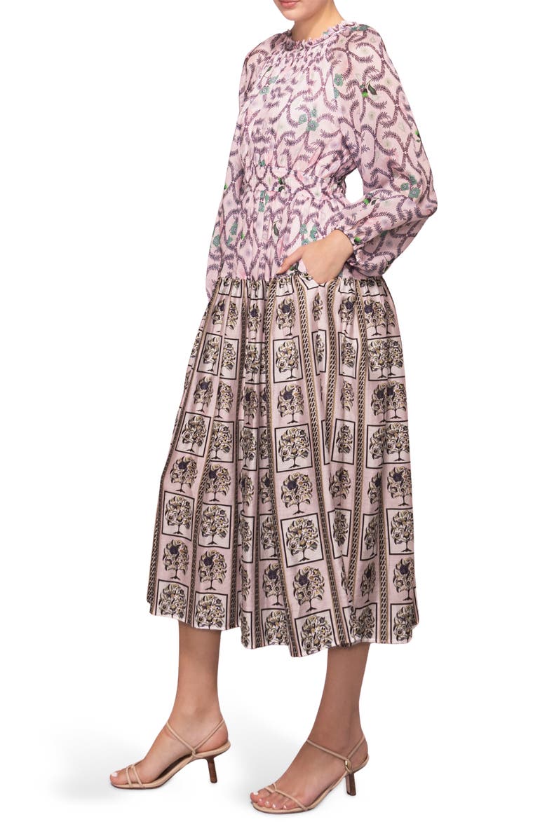 MELLODAY Printed Shirred Midi Dress, Alternate, color, Lilac Multi