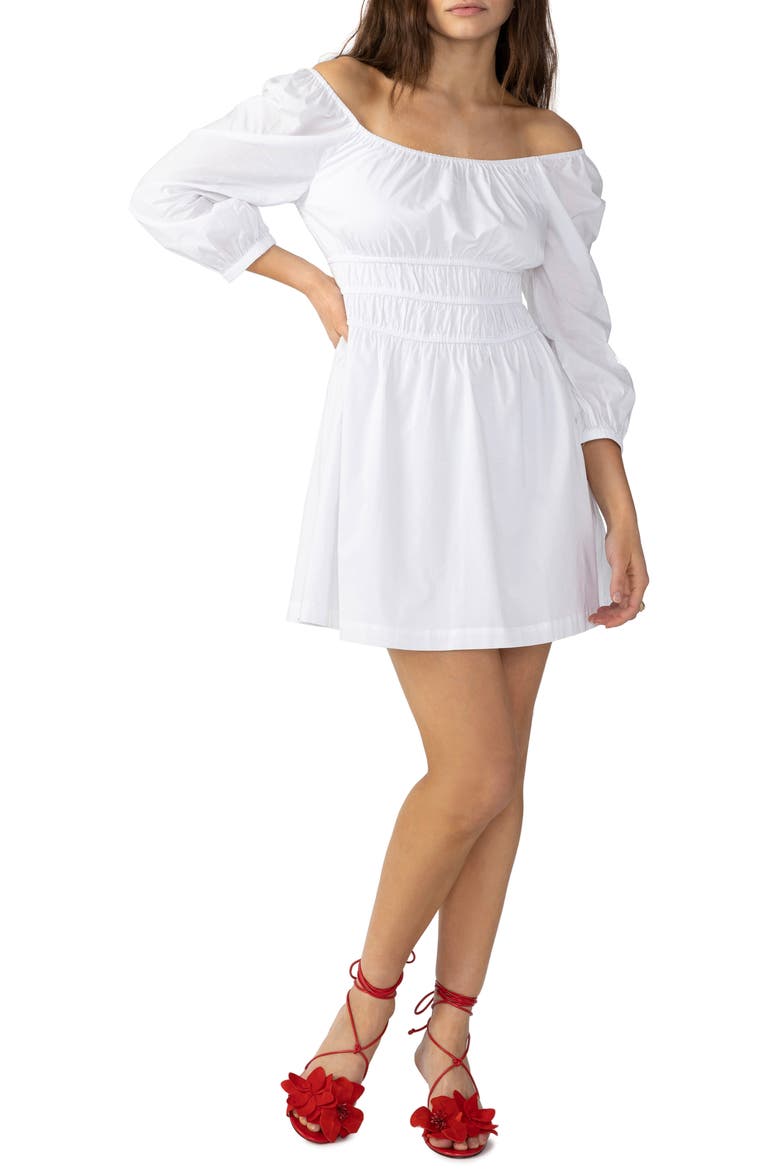 Smock Waist Cotton Minidress, Alternate, color, WHITE