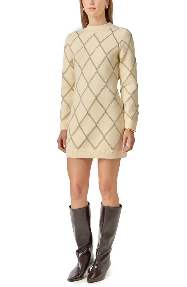 English Factory Metallic Jacquard Long Sleeve Sweater Dress, Alternate, color, Cream