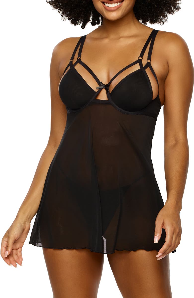 Black Bow Janessa Strappy Chemise & G-String Thong, Main, color, 