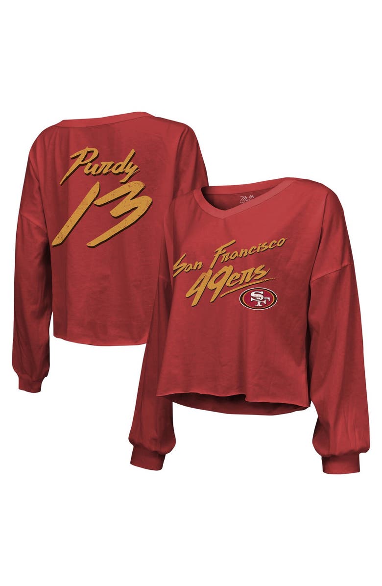 Majestic Threads Women's Majestic Threads Brock Purdy Scarlet San Francisco 49ers Name & Number Off-Shoulder Script Cropped Long Sleeve V-Neck T-Shirt, Alternate, color, 