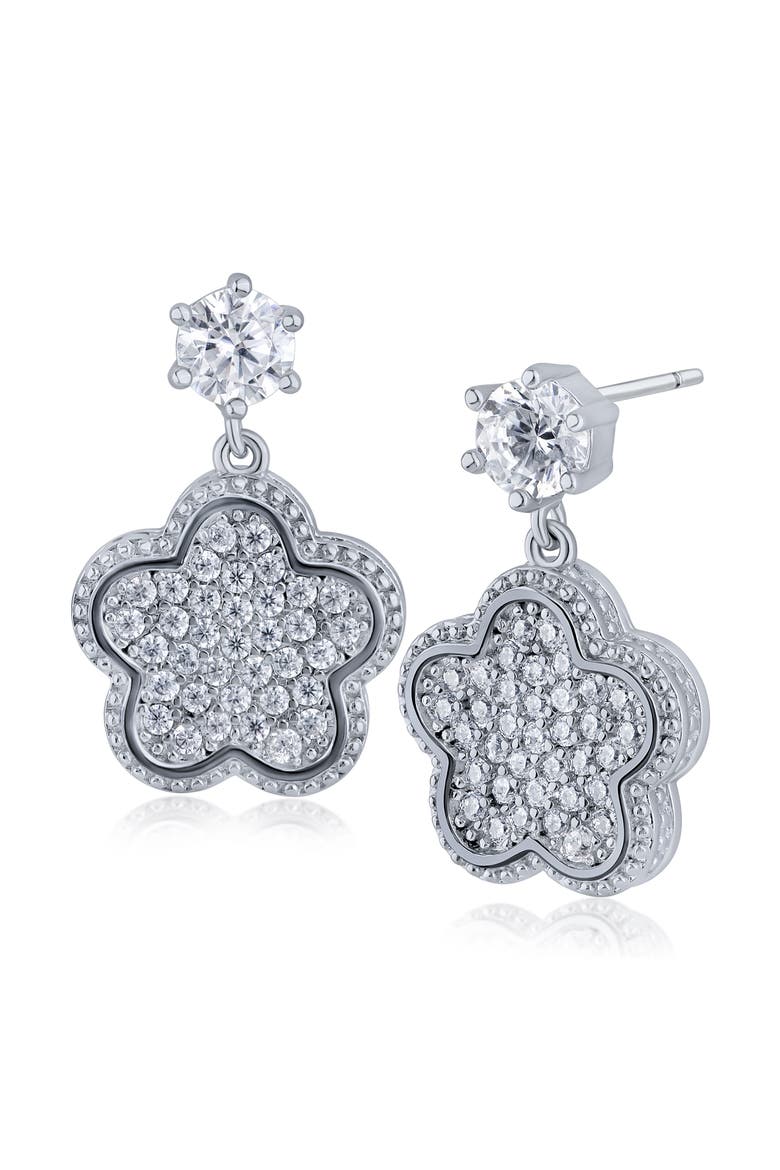 Pavé Cubic Zirconia Clover Drop Earrings, Main, color, CLEAR SILVER