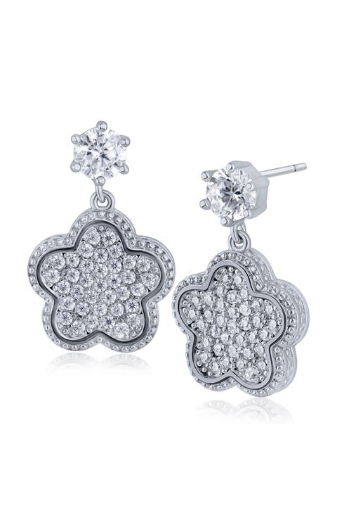 Pavé Cubic Zirconia Clover Drop Earrings