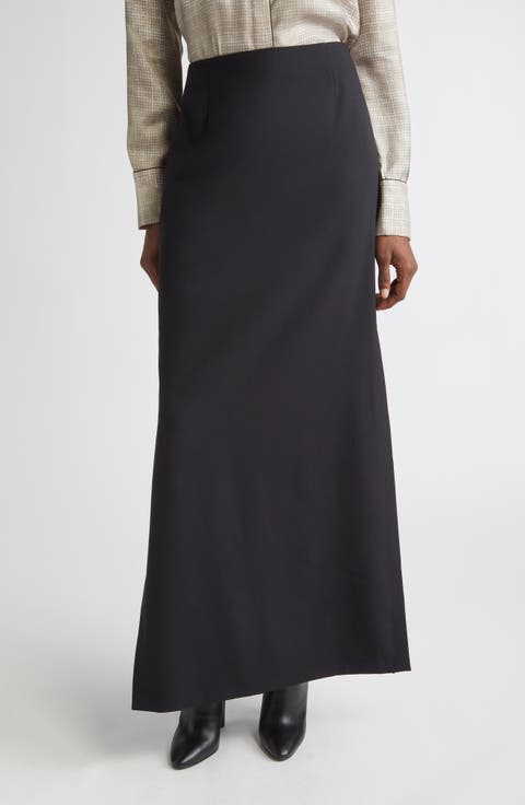 Side Slit Stretch Wool A-Line Maxi Skirt