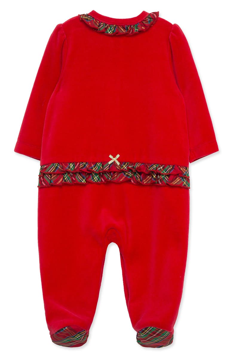 Little Me Holly Embroidered Plaid Trim Cotton Blend Velour Footie, Alternate, color, Red