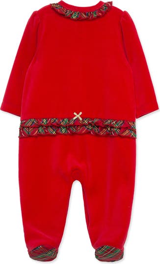 Holly Embroidered Plaid Trim Cotton Blend Velour Footie