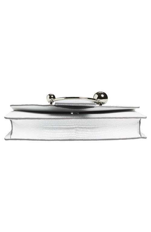Strathberry Crescent Lizard Embossed Handbag On A Chain In Silver