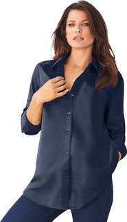 Roaman's Plus Size Kate Long Sleeve Easy Cotton Blend Button Front Shirt