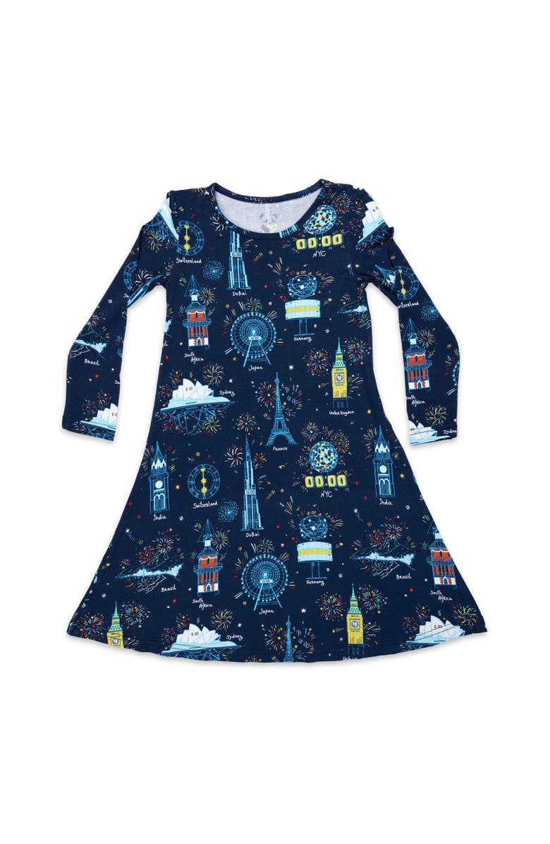 Bellabu Bear Kids' New Year's Worldwide Countdown Long Sleeve Dress, Main, color, Worldwide Countdown
