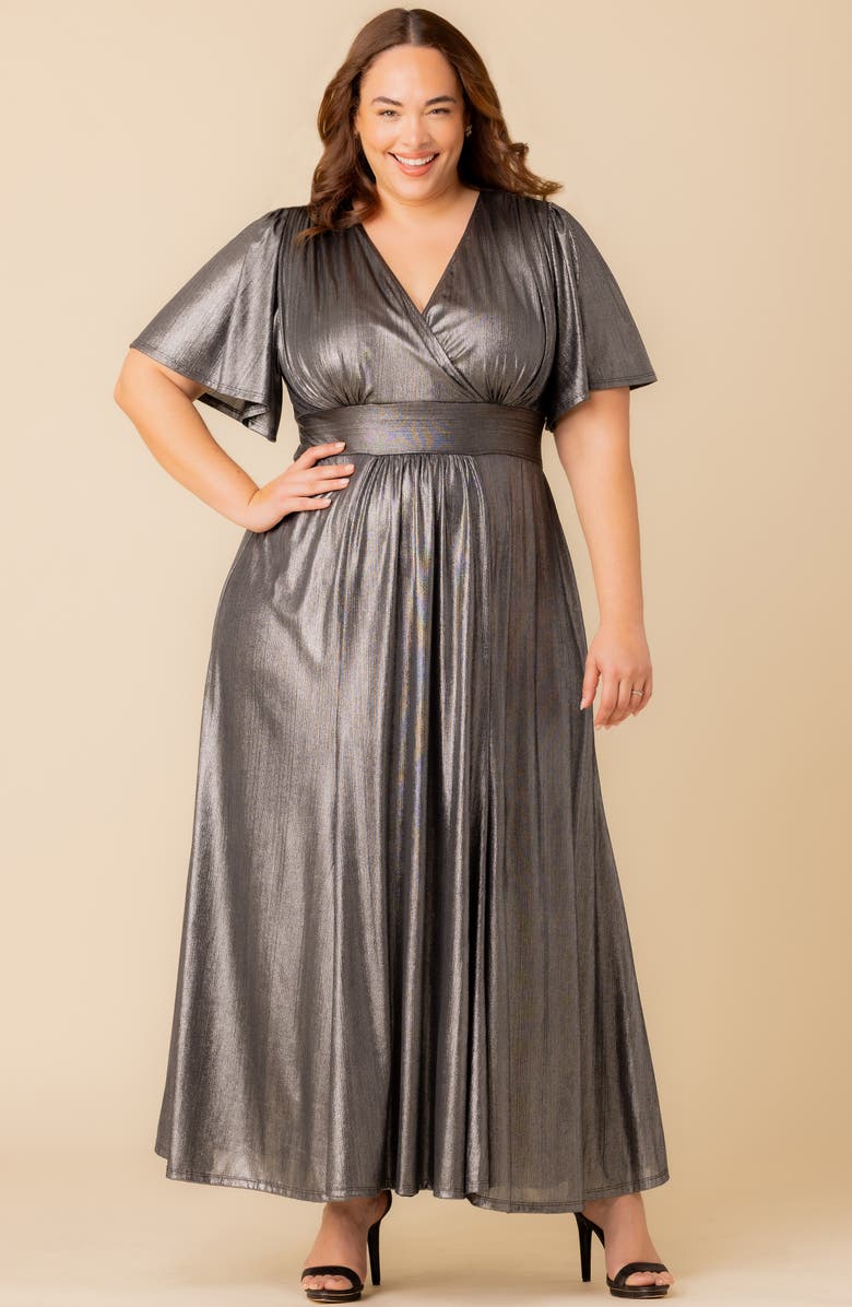 Kiyonna Evania Metallic Flutter Sleeve Gown, Alternate, color, Pewter