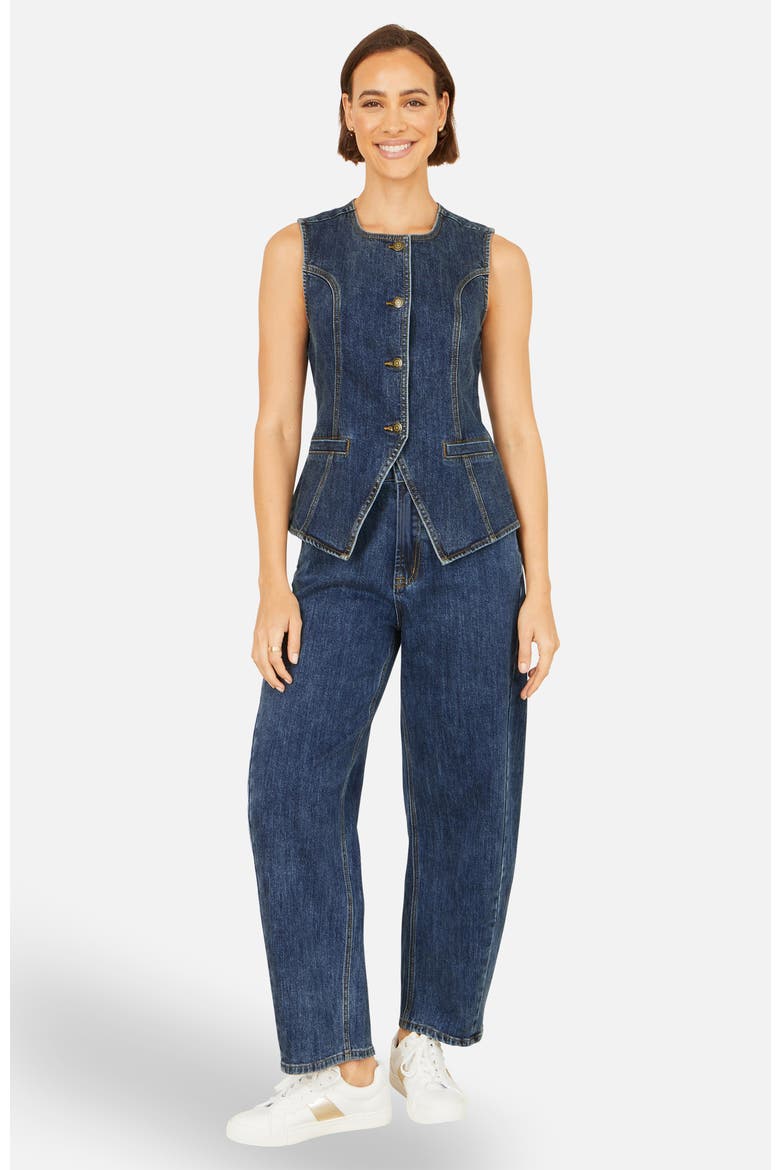 Stretch Long Denim Waistcoat, Alternate, color, Blue