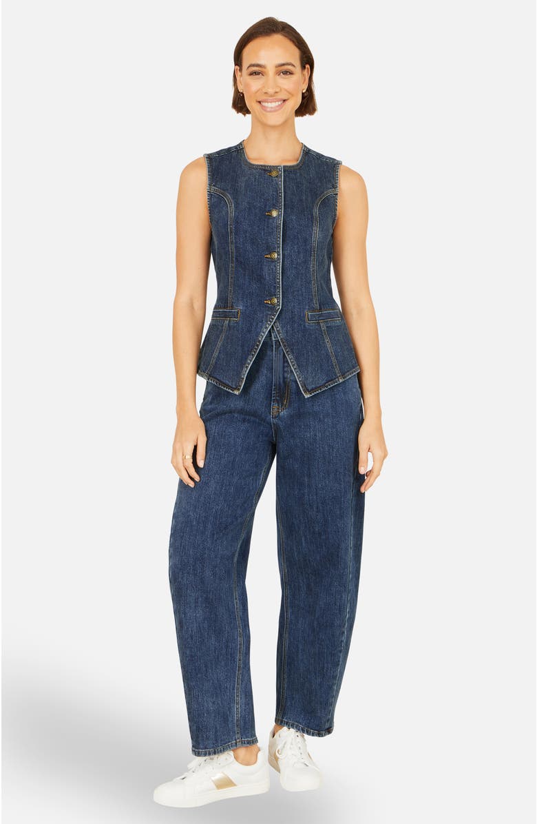 Yumi Stretch Long Denim Waistcoat, Alternate, color, Blue