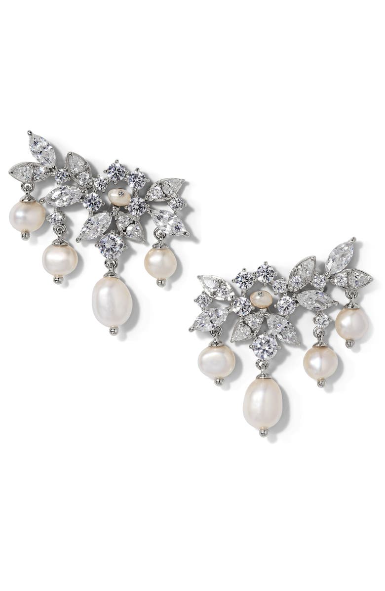 Nadri Ravish Fringe Cubic Zirconia & Cultured Pearl Drop Earrings, Main, color, Rhodium