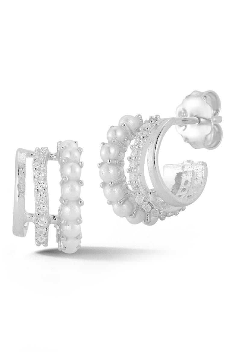 CZ & Cultured Pearl Huggie Hoop Earrings, Main, color, SILVER