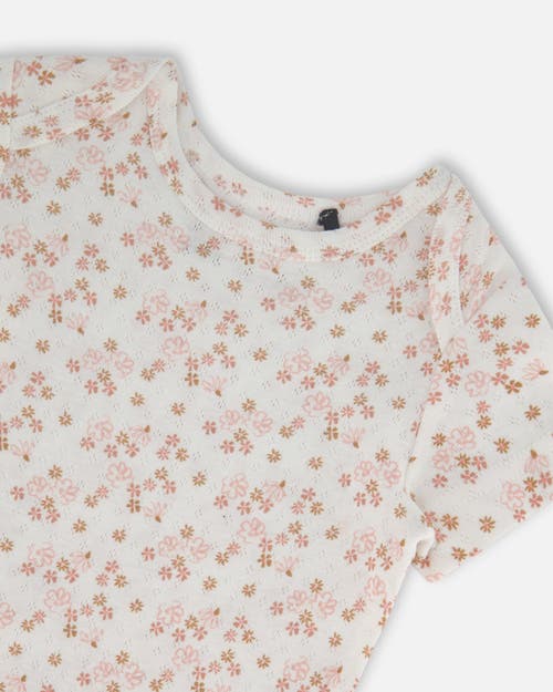 Deux Par Deux Baby Girl's Organic Cotton Pointelle Bodysuit Printed White And Pink Flowers In White With Pink Flowers