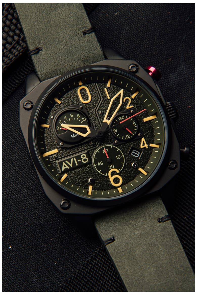 Hawker Hunter Retrograde Chronograph Leather Strap Watch, 45mm, Alternate, color, GREEN