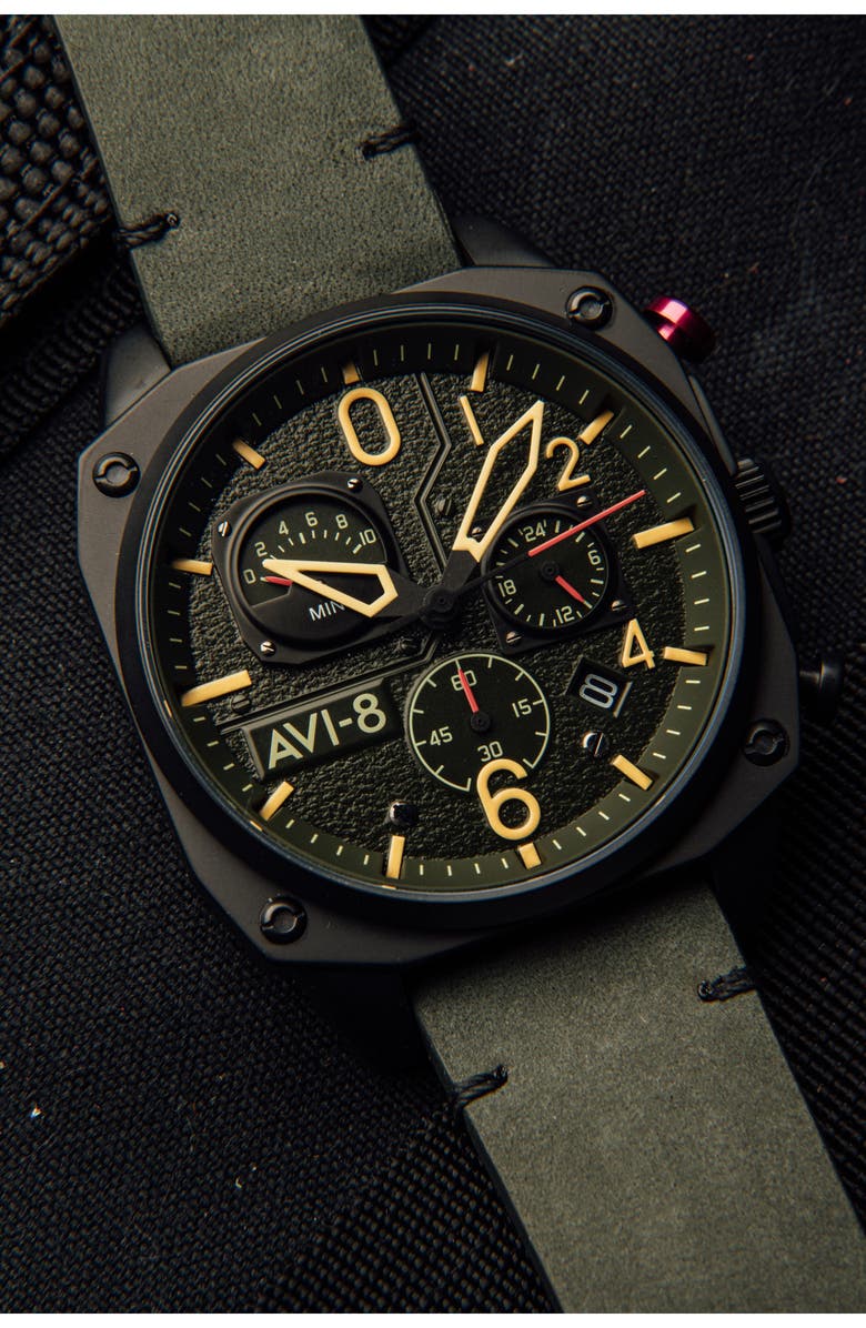 AVI-8 Hawker Hunter Retrograde Chronograph Leather Strap Watch, 45mm, Alternate, color, Green