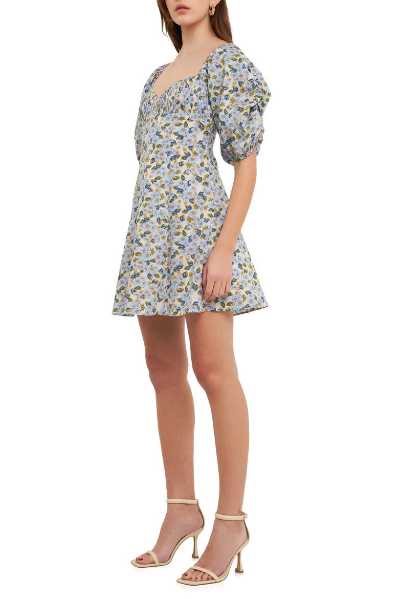 Floral Print Pintuck Puff Sleeve Minidress, Alternate, color, BLUE MULTI