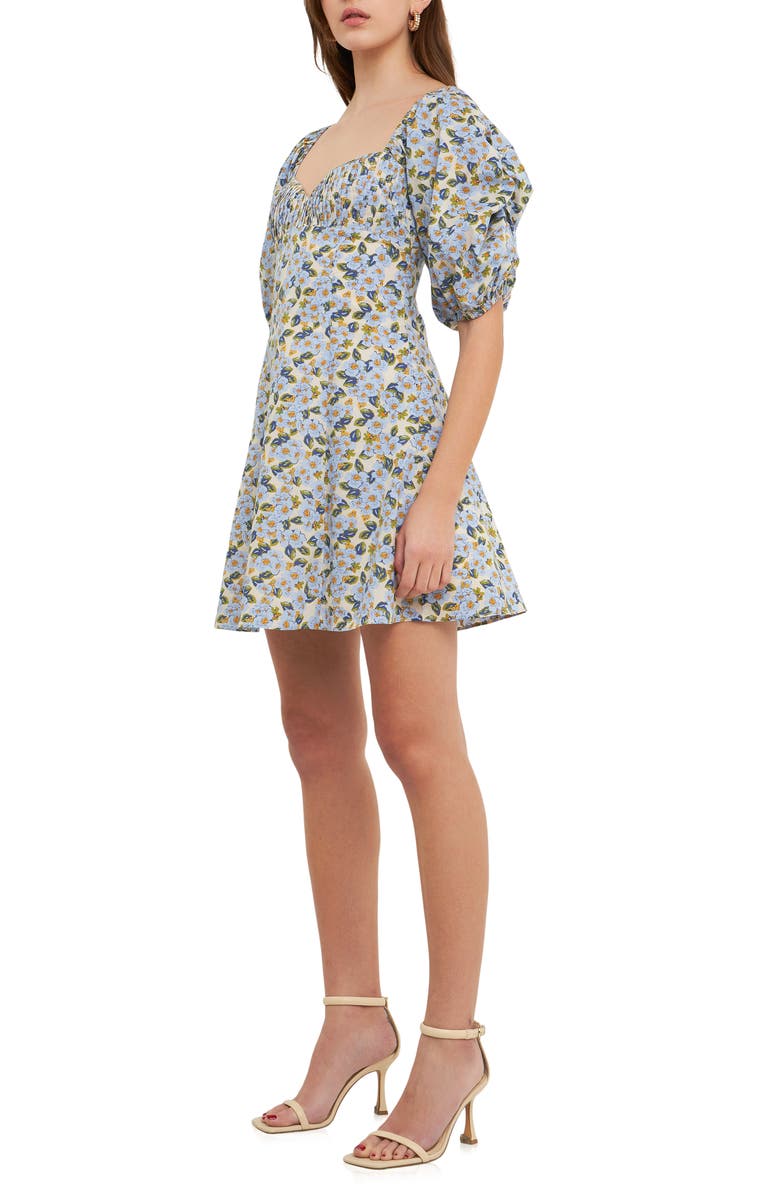 Endless Rose Floral Print Pintuck Puff Sleeve Minidress, Alternate, color, Blue Multi