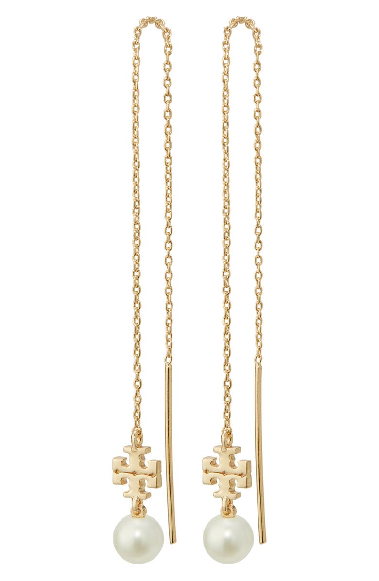 Tory Burch Kira Imitation Pearl Threader Drop Earrings, Main, color, Tory Gold / Pearl