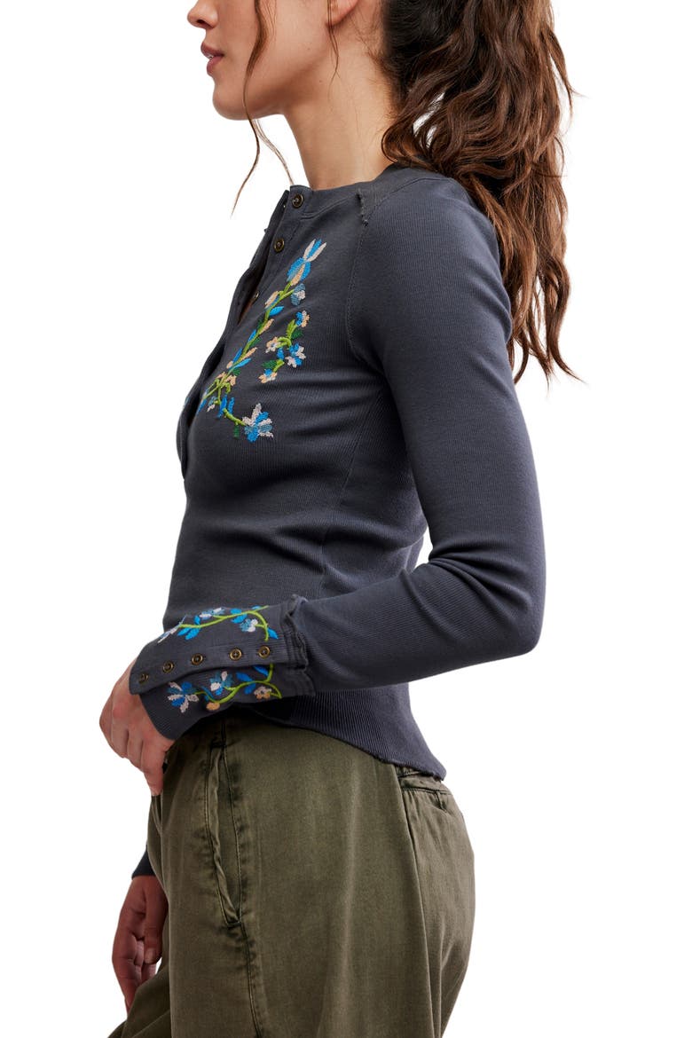 Fleur Embroidered Henley Top, Alternate, color, GRAPHITE COMBO
