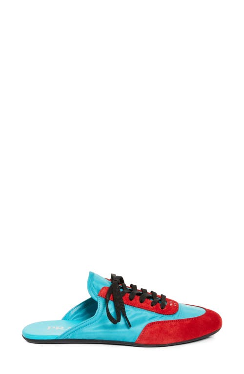 Prada Bicolor Nylon Suede Mule Sneakers In Turchese/rosso