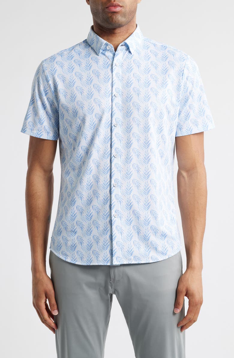 Mizzen+Main Halyard Trim Fit Leaf Print Short Sleeve Button-Up Shirt, Main, color, Light Blue Palm