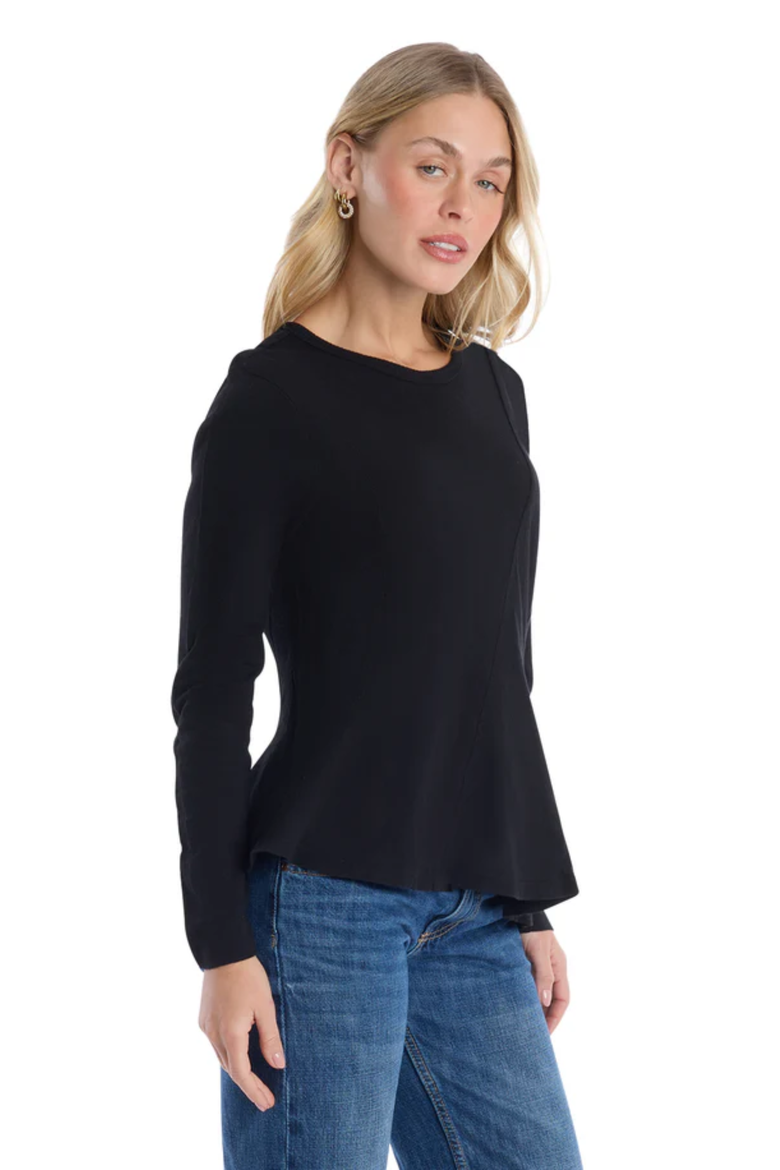 Round Neck Long Sleeve Tee with Asymmetric Hem & Body Seams, Alternate, color, Black
