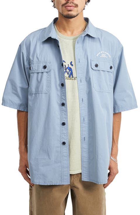 Embroidered Short Sleeve Utility Button-Up Shirt