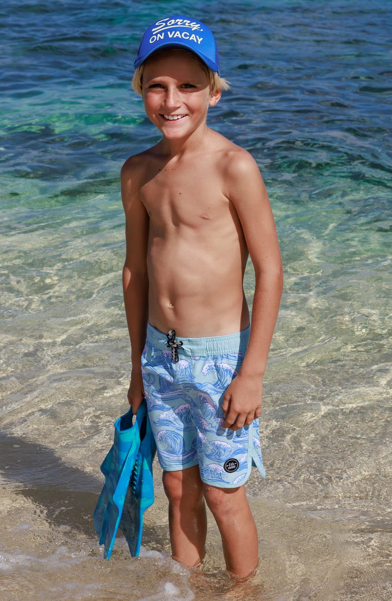 Feather 4 Arrow Kids' Wave Board Shorts, Alternate, color, Canal Blue