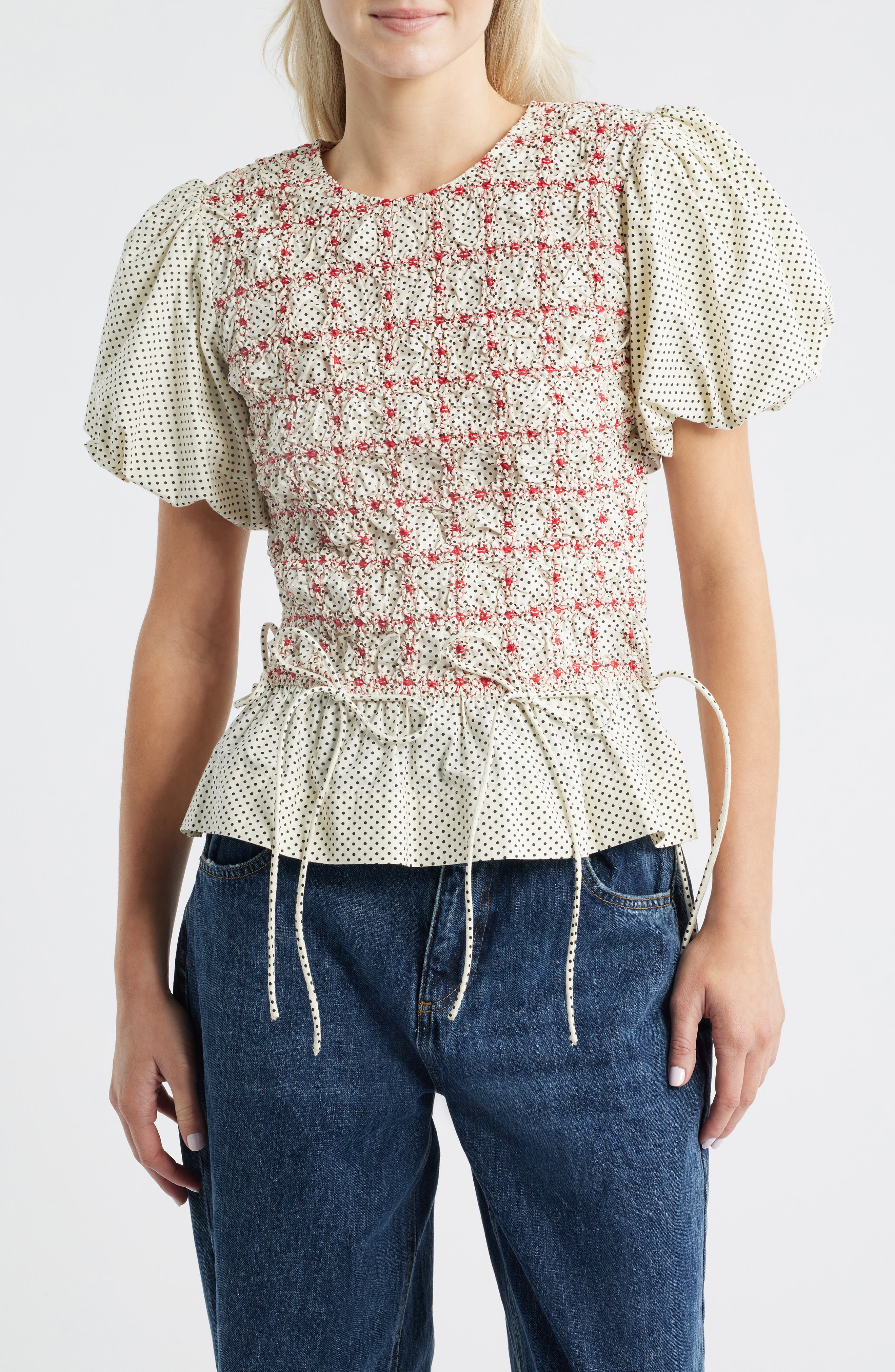 Damson Madder Audrey Polka Dot Smocked Organic Cotton Top