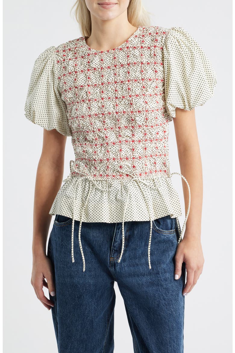 Audrey Polka Dot Smocked Organic Cotton Top, Main, color, WHITE