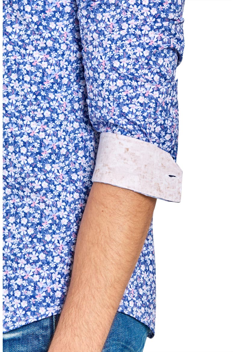 Slim Fit Mini Floral Recycled 4-Way Stretch Performance Long Sleeve Shirt, Alternate, color, WHITE/BLUE