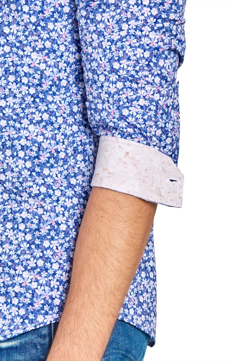 Brooklyn Brigade Slim Fit Mini Floral Recycled 4-Way Stretch Performance Long Sleeve Shirt, Alternate, color, White/Blue