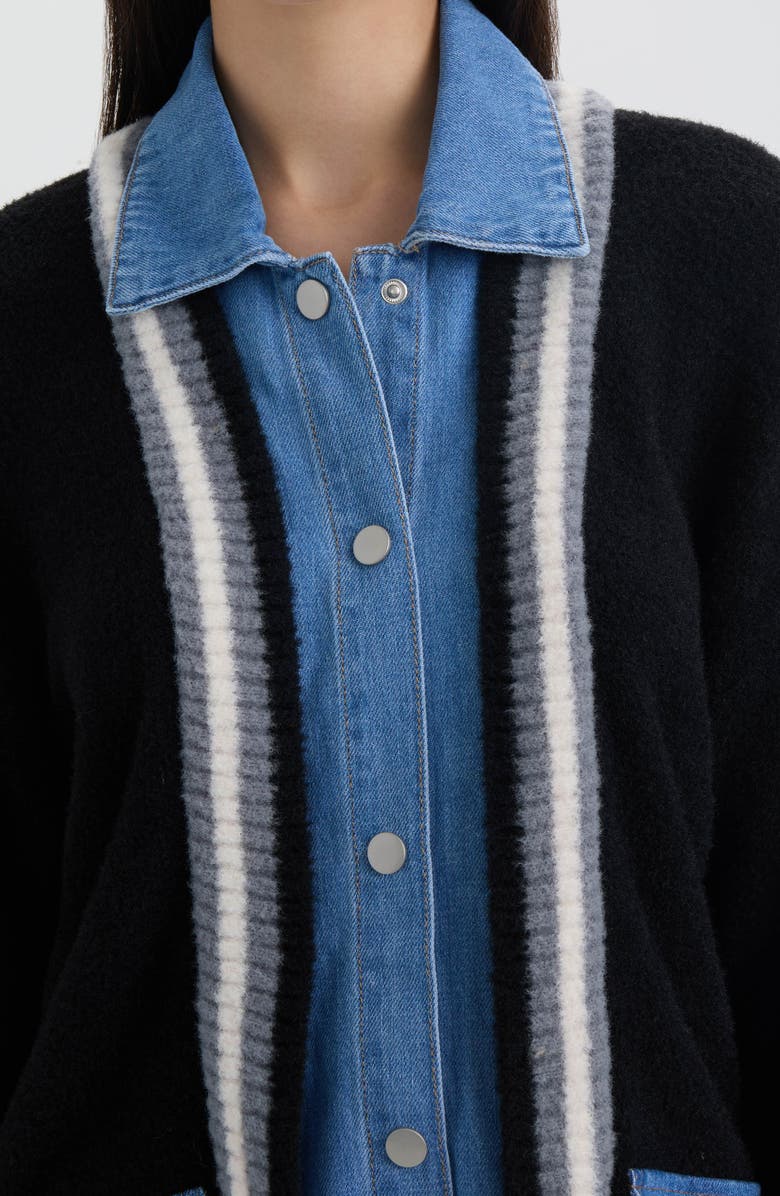 NVLT Denim Trim Varsity Cardigan, Alternate, color, Black