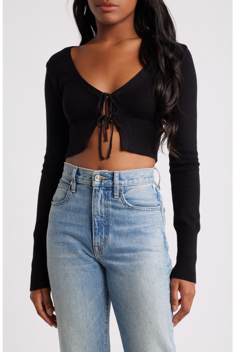 Tie Front Crop Cardigan, Main, color, BLACK