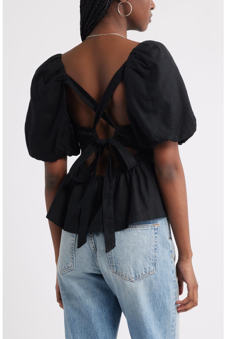 Tie Back Puff Sleeve Linen Blend Top, Alternate, color, BLACK