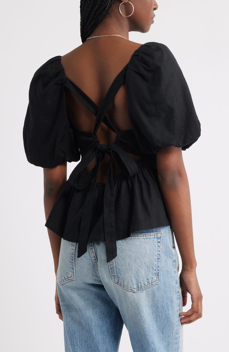 Treasure & Bond Tie Back Puff Sleeve Linen Blend Top, Alternate, color, Black