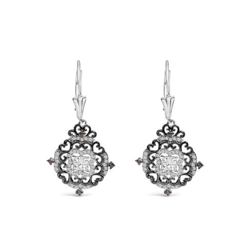 Black Rhodium and Silver 3/4 Cttw Diamond Medallion Drop Earrings