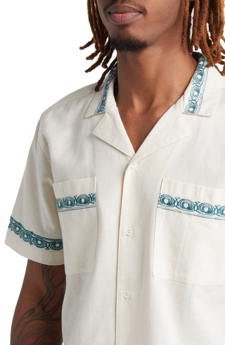 Native Youth Embroidered Short Sleeve Cotton & Linen Button-Up Shirt, Alternate, color, 