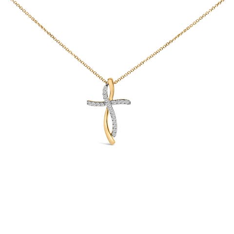 14K Yellow Gold Plated Sterling Silver 1/4 Cttw Diamond Cross Pendant Necklace
