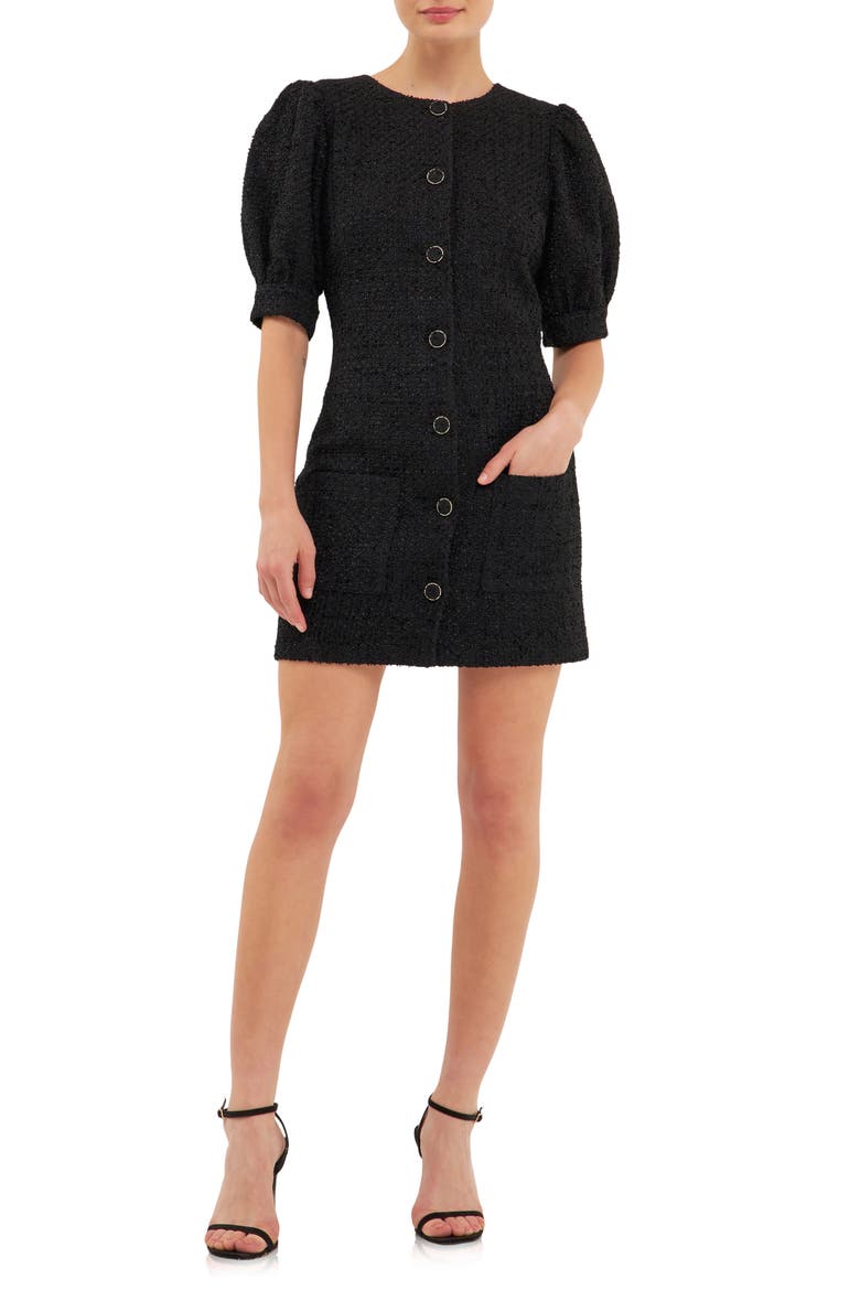 Puff Sleeve Tweed Button-Up Minidress, Main, color, BLACK