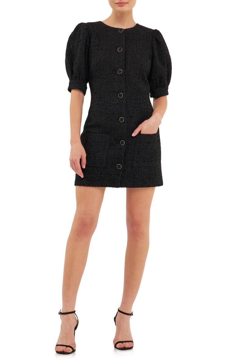 Endless Rose Puff Sleeve Tweed Button-Up Minidress, Main, color, Black