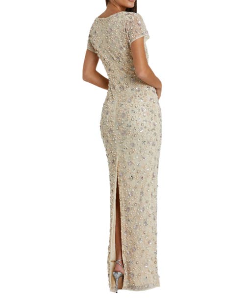Mac Duggal Floral Embellished Mesh Fitted Blouson Gown In Neutral